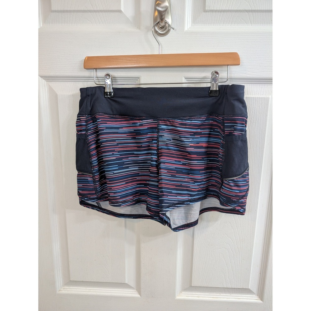 Athleta Ready Set Go Running Shorts Navy Pink Stripe Zipper Pocket - Size S